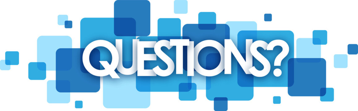 QUESTIONS? typography banner with blue squares on transparent background