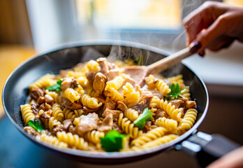 woman hand cooking tasty chicken fillet with mushroom in a creamy sauce with fusilli pasta in pan on kitchen