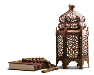 Islamic Holy Book Quran with rosary beads and ornamental arabic lantern