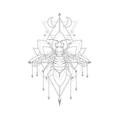 Vector illustration with hand drawn wasp and Sacred symbol on white background. Abstract mystic sign. Black linear shape. 
