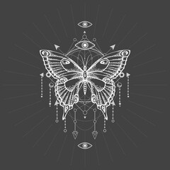 Vector illustration with hand drawn butterfly and Sacred geometric symbol on black background. Abstract mystic sign. White linear shape.