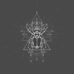 Vector illustration with hand drawn Stag Beetle and Sacred symbol on black background. Abstract mystic sign. White linear shape.