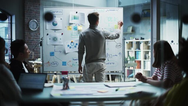 Group Businesspeople have Meeting in Office Conference Room. Crisis Manager Using Charts on Whiteboard, Showing Plan how to Save Corporate Strategy After Bad Quarter. Dramatic Slow Motion. Evening