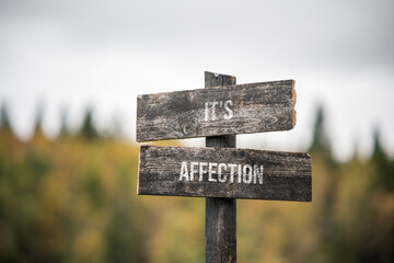 vintage and rustic wooden signpost with the weathered text quote its affection, outdoors in nature. blurred out forest fall colors in the background.