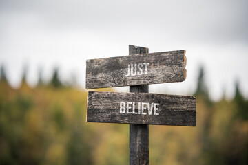 vintage and rustic wooden signpost with the weathered text quote just believe, outdoors in nature....