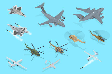 Isometric Military Aviation Air Force Set collection. Modern military jet for heavy cargo. Transport helicopter. Military airplane at flying. Military air transport.