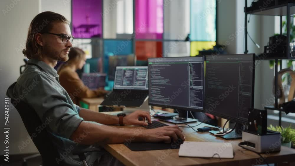 Aufkleber Professional Male Developer Writing Code On Desktop Computer With Two Displays and a Laptop in Creative Office. Caucasian Man Programming Artificial Intelligence Software For Big Tech Company.