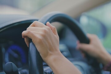 Woman's hand, holding, steering wheel, car, driving, practice driving, test, accident insurance