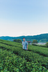 Naklejka na ściany i meble A Man stand alone at green tea plantation for relaxation on vacation