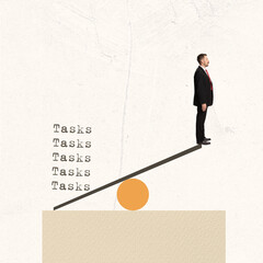 Contemporary art collage. Creative design in retro style. Businessman standing on a top of balance...