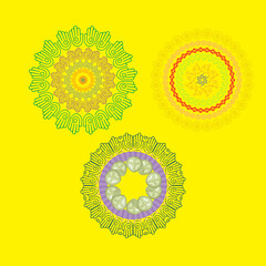 Set of mandala coloful shapes isolated on yellow backround. Creative symbol ideas for wellness, beauty, healing business, such healing massage courses.