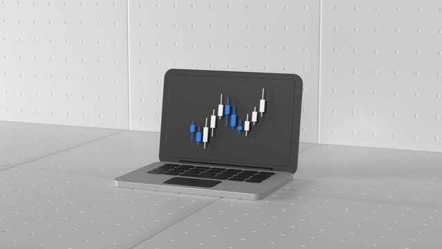 Laptop (notebook) with forex stock trading chart 3d illustration. Financial chart for stock exchange market 3d rendering.

