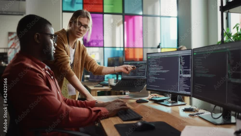 Aufkleber African American Software Engineer Shows Code on Desktop Computer to Female Project Manager in Stylish Office. Black Man And Caucasian Woman Discussing Progress of AI Application Development.