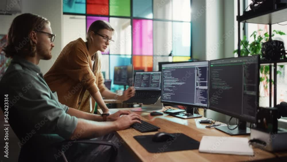 Poster Female Data Scientist and Male Developer Improving Code on Desktop Computer in Stylish Office. Caucasian Man And Woman Creating Service as a Software Platform for Innovative Technological Start-Up.