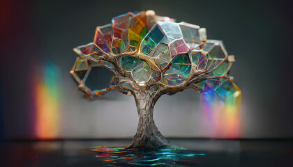 Imaginary picture of rainbow multicolored crystal tree, abstract for a mobile phone or desktop wallpaper background. Digital 3D illustration. - obrazy, fototapety, plakaty