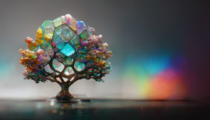 Imaginary picture of rainbow multicolored crystal tree, abstract for a mobile phone or desktop wallpaper background. Digital 3D illustration. - obrazy, fototapety, plakaty