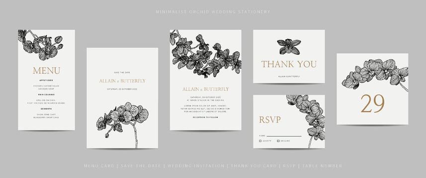 Collection of template wedding stationery with minimalist hand drawn orchid flower