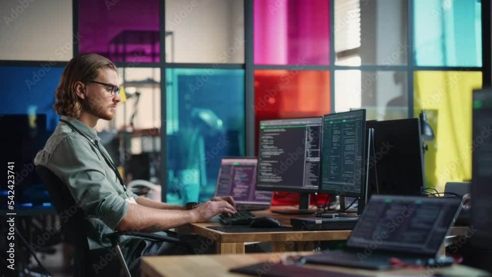 Leinwandbilder Caucasian Man Writes Code on Desktop Computer With Professional Multiple Monitors Setup in Modern Office. Male Data Scientist Using Software to Collect and Analyze Information From Opened Sources.