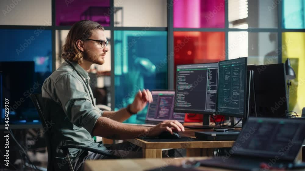 Poster Male Programmer Writes Code On Desktop Computer With Multiple Monitor Setup And a Laptop Aside In Creative Office. Caucasian Man Developing Mobile App For Innovative Tech Start-Up Online Service.