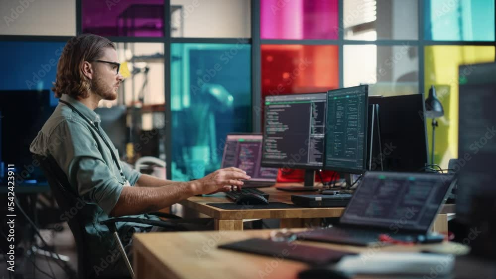 Poster Male Backend Software Developer Writes Code on Desktop Computer With Two Monitors in Coworking Office Space. Caucasian Man Creating Database for Online e-Commerce Store or New Social Network.