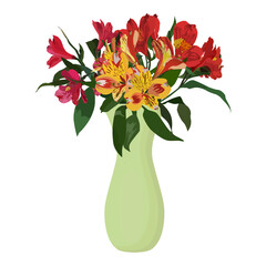 Alstroemeria tropical flower. Peruvian lily bouquet in vase, vector illustration