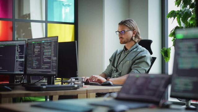 Male Data Scientist Coding on Desktop Computer in Creative Office Space. Caucasian Man Scraping Digital Information From Opened Sources in Internet For Artificial Inteligence Software Development.