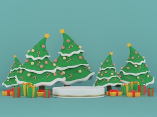 Abstract Christmas background with Christmas tree, blue color ,podium design for showcase or product display , 3d rendering.