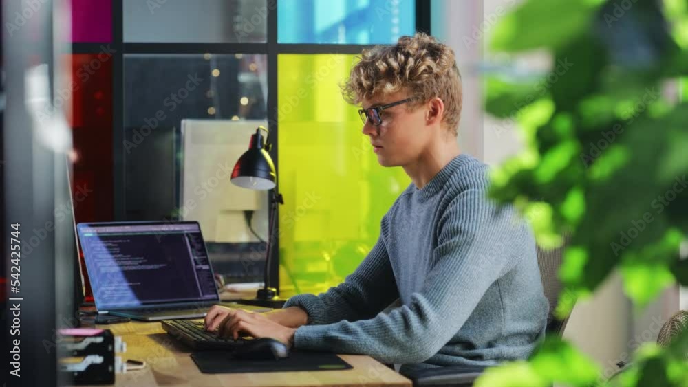 Poster Side View of Male Data Science Intern Writing Lines Of Code on Desktop Computer In Stylish Office. Young Caucasian Man Solving Software Problems for Big Tech Company. Fututre Programmer Learns Coding.
