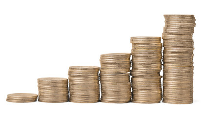 Golden coin stacks on a white background