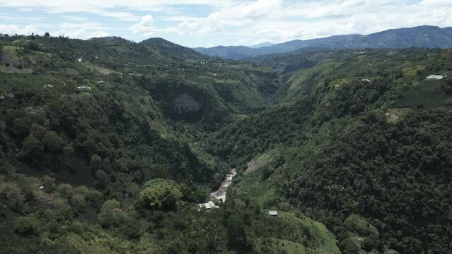 Aerial Drone Travel Above Magdalena River, Green Valley in San Agustin, Colombia Mountain Vegetation Natural Destination in Latin America