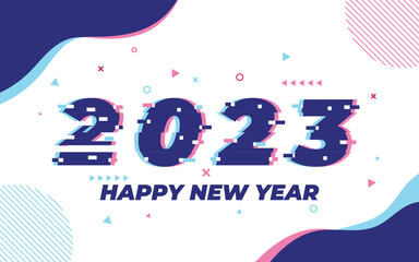 Happy new year 2023, 2023 logo with glitch effect vector template, Applicable for banner design, calendar, invitation, party flyer, etc. 