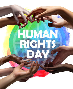 Peace. Hands of people of different nations and religion on bright abstract background. Symbol of unity, equality, friendship and support. Human Rights Day. December 10