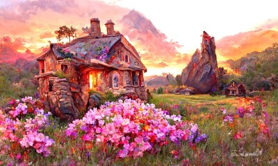A cozy stone village house on a grass field. Rural beautiful landscape with flowers and trees. Digital painting illustration.