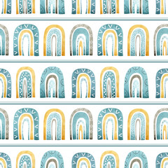 Watercolor geometric seamless pattern with blue, mustard and grey boho rainbows on a white background