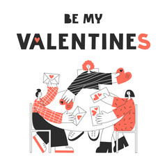 Modern polyamorous family giving love cards. Three on romantic Valentines date. Polygamy and bisexuality, happy non-monogamous open relationship concept. LGBT rights, pride lettering quote.