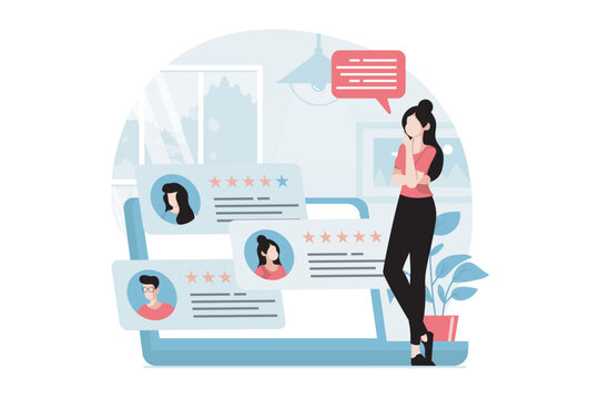 Feedback Page Concept With People Scene In Flat Design. Woman Reading User Online Reviews With High Ratings For Service Or Product Using Laptop. Vector Illustration With Character Situation For Web