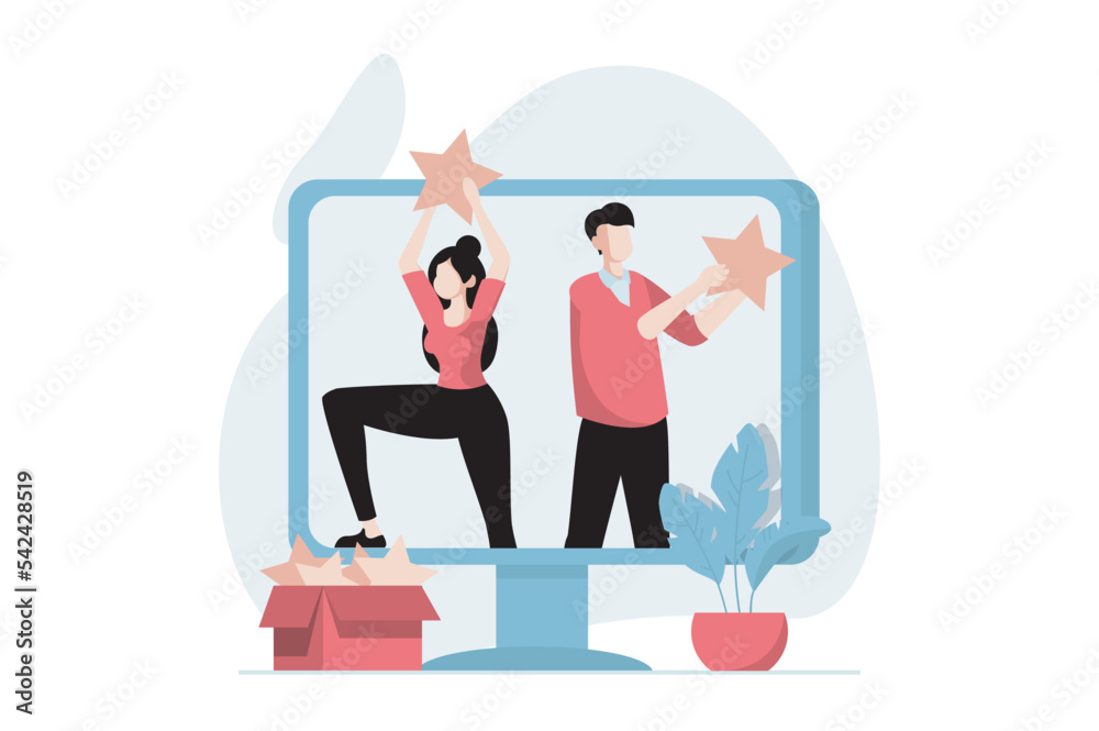 Aufkleber feedback page concept with people scene in flat design. man and woman are satisfied with their user 