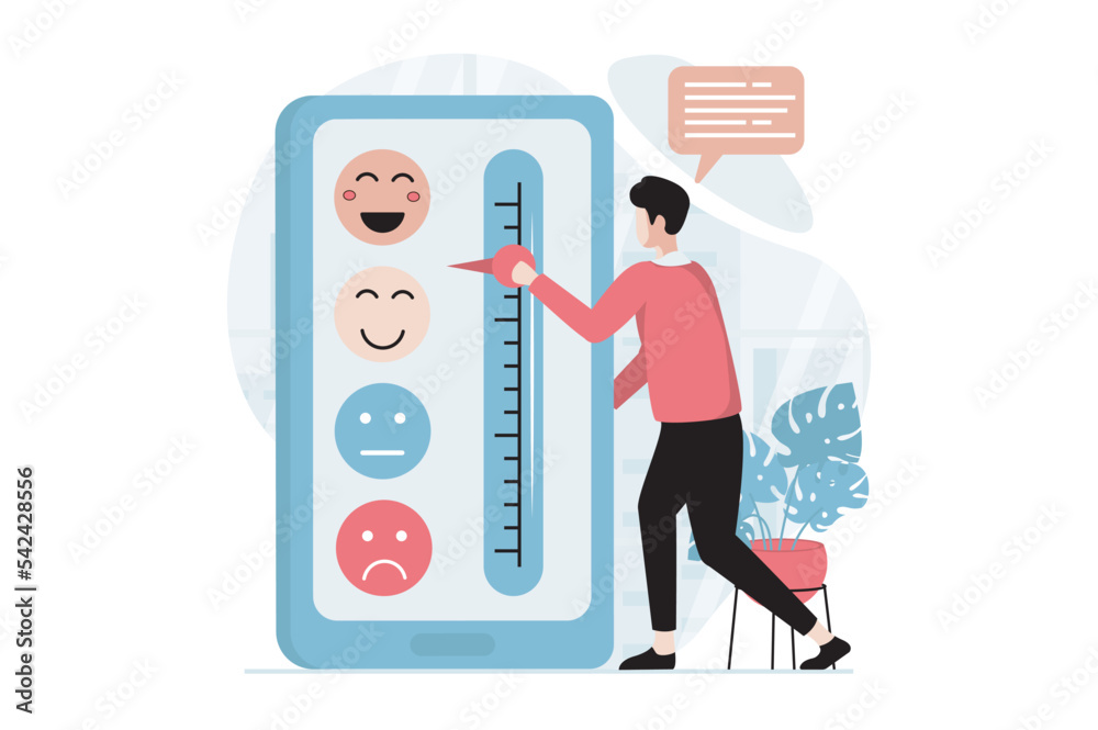 Aufkleber Feedback page concept with people scene in flat design. Man shares his user experience and leaves rating using different levels of emoticons. Vector illustration with character situation for web