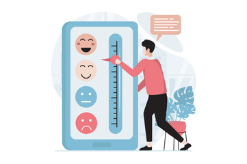 Feedback page concept with people scene in flat design. Man shares his user experience and leaves rating using different levels of emoticons. Vector illustration with character situation for web