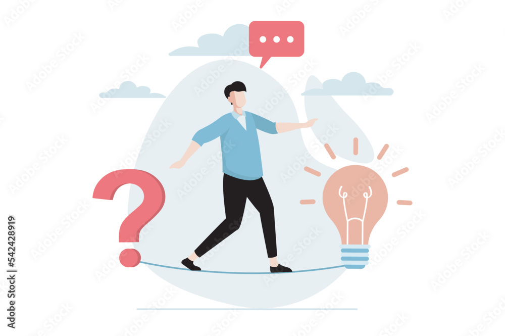 Fototapete Finding solution concept with people scene in flat design. Man walks tight rope from question to new idea, brainstorms and thinking about problem. Vector illustration with character situation for web