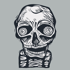 Funny skull. Engraving character of the Mexican holiday Day of the Dead. Vector illustration.