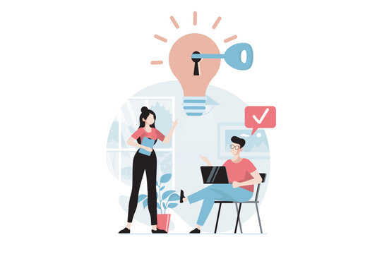 Finding solution concept with people scene in flat design. Woman and man discuss, brainstorm and generate new ideas with project innovations. Vector illustration with character situation for web