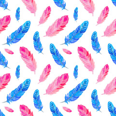 Watercolor feathers seamless pattern isolated on white background. Boho illustration.