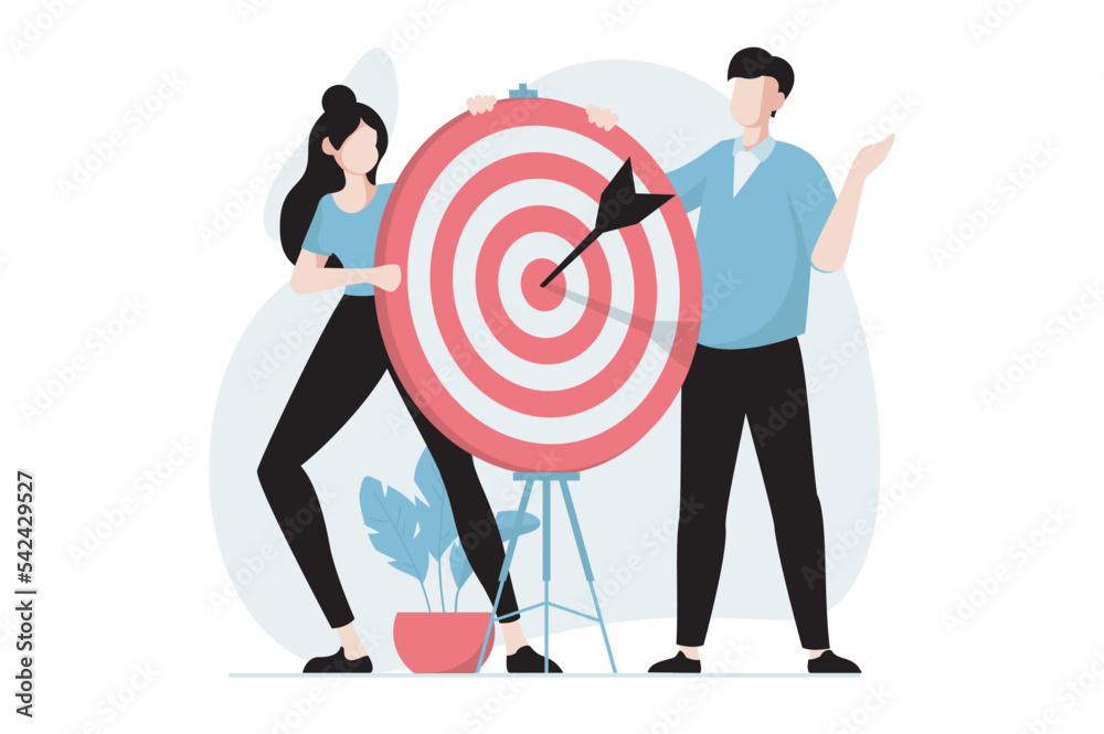 Poster focus group concept with people scene in flat design. woman and man conduct marketing research, anal