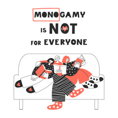 Modern polyamorous family together reads on a sofa. Lovers on a romantic Valentines date. Polygamy and bisexuality, happy non-monogamous open relationship concept. LGBT rights, pride lettering quote.