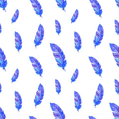 Watercolor blue feathers seamless pattern isolated on white background. Boho illustration.