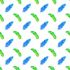Watercolor blue and green feathers seamless pattern isolated on white background. Boho illustration.