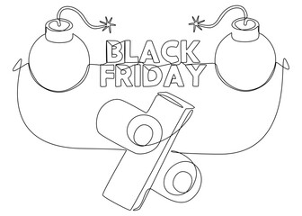 One continuous line of Black Friday text with bomb and percentage sign. Thin Line Illustration vector concept. Contour Drawing Creative ideas.