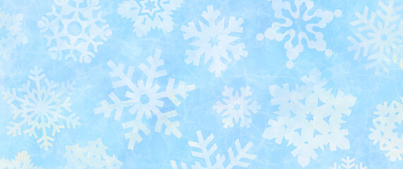 Winter blue watercolor Christmas vector background with white snowflakes. Hand drawn painted texture. Frozen glass. Art illustration for cards, flyer, poster, banner and cover design. Merry Christmas!