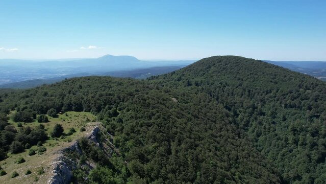 Beautiful view of the distant mountain of Rtanj from Lazar's canyon drone